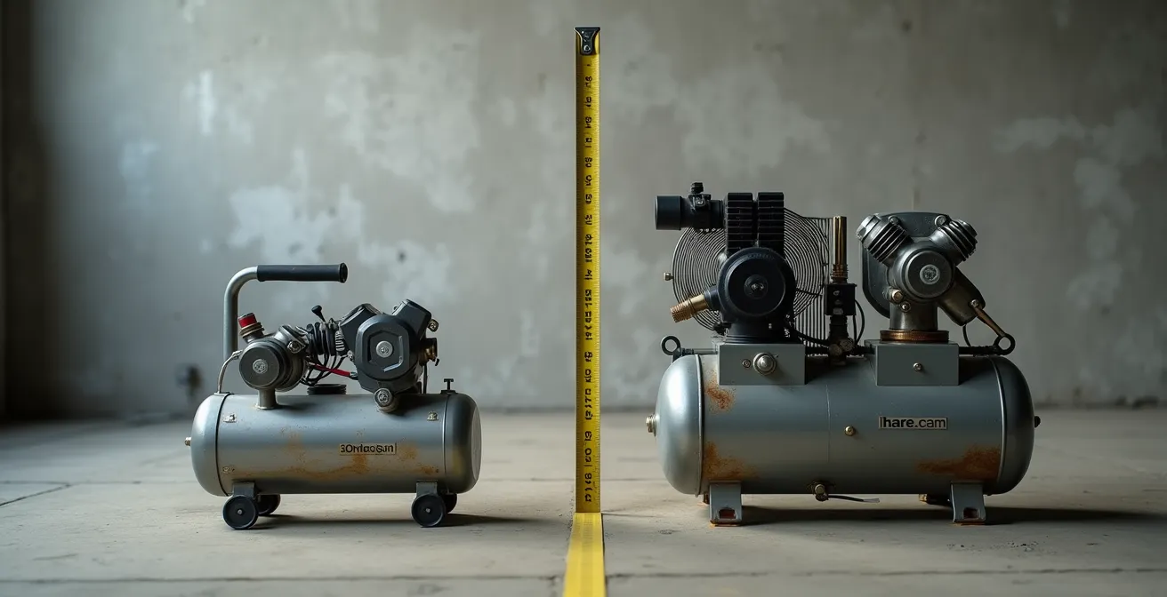Comparaison visuelle entre un petit compresseur portable et un compresseur professionnel de garage