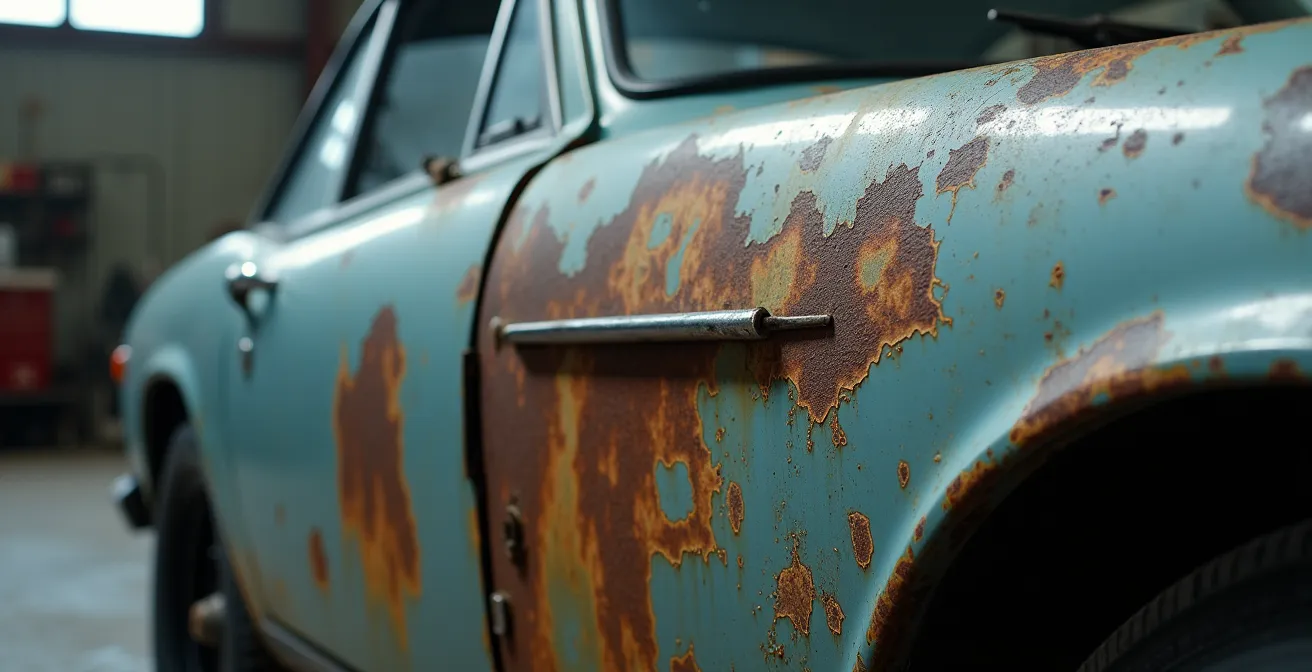 Axe Macro & Textural : Gros plan sur les détails d'impact d'une carrosserie de véhicule accidenté