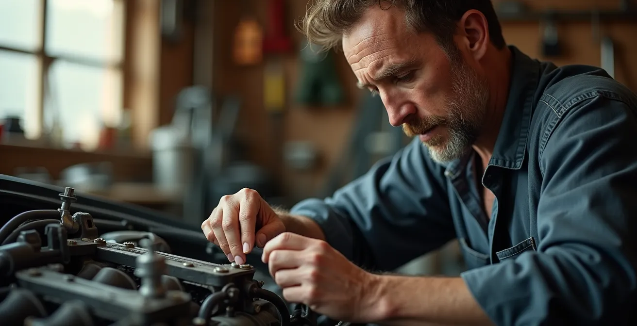 Axe Humain & Émotionnel : Mécanicien concentré examinant une pièce de moteur