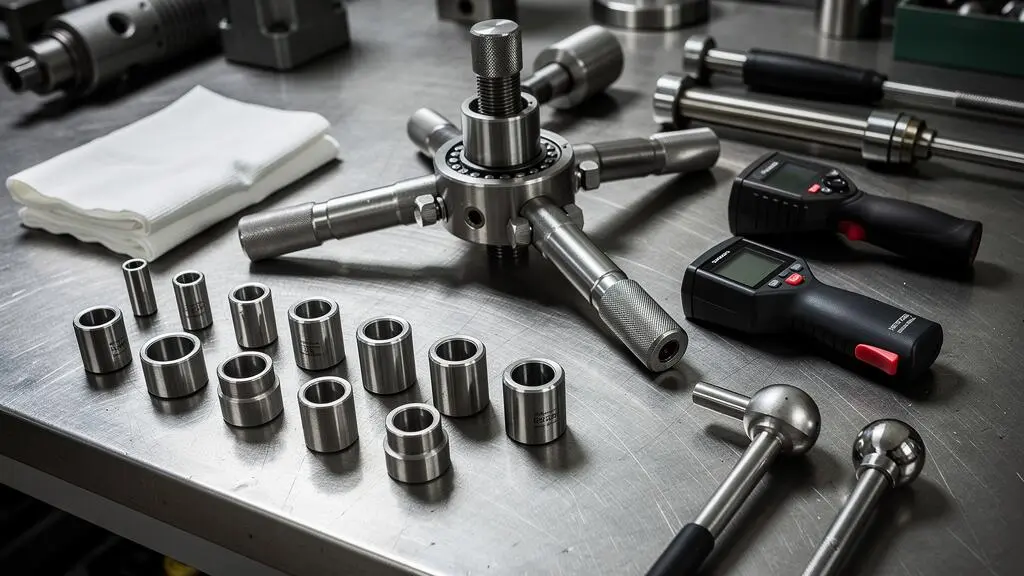 Outils spécialisés pour le remplacement de roulements disposés sur un établi d'atelier : extracteur, douilles de montage et pyromètre